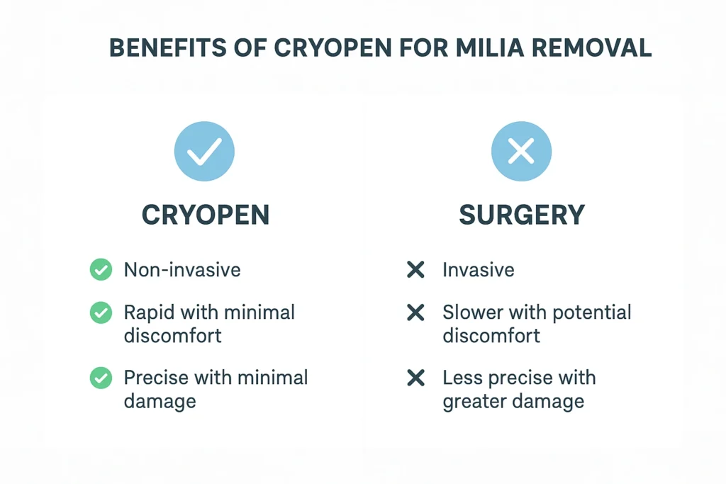 Benefits of cryopen for milia removal Enfield Island Village compared to surgical treatments.