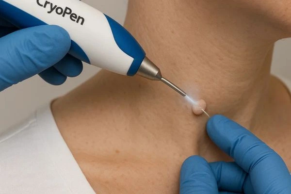 Person receiving cryotherapy Enfield Island Village for skin tag removal